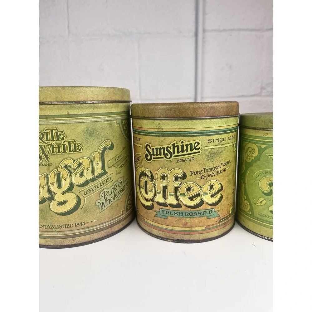 Vintage‎ Balonoff Canister Tin Set Green 1970s Rustic Flour Sugar Coffee Tea